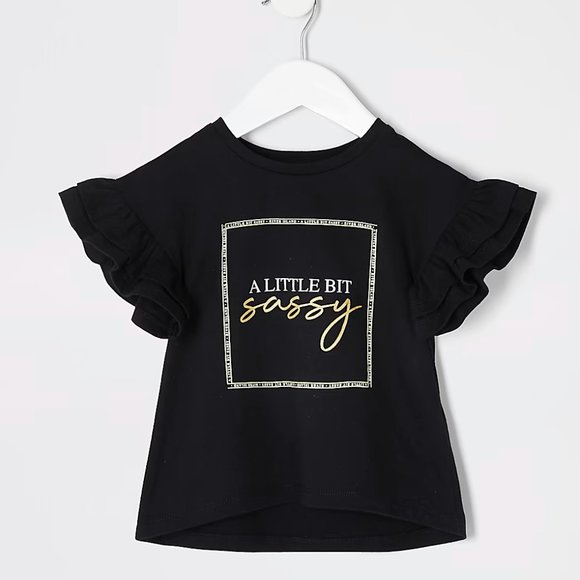 River Island Toddler Girls 'A Little Bit Sassy' Print Frill Sleeve T-Shirt - Picture 1 of 3